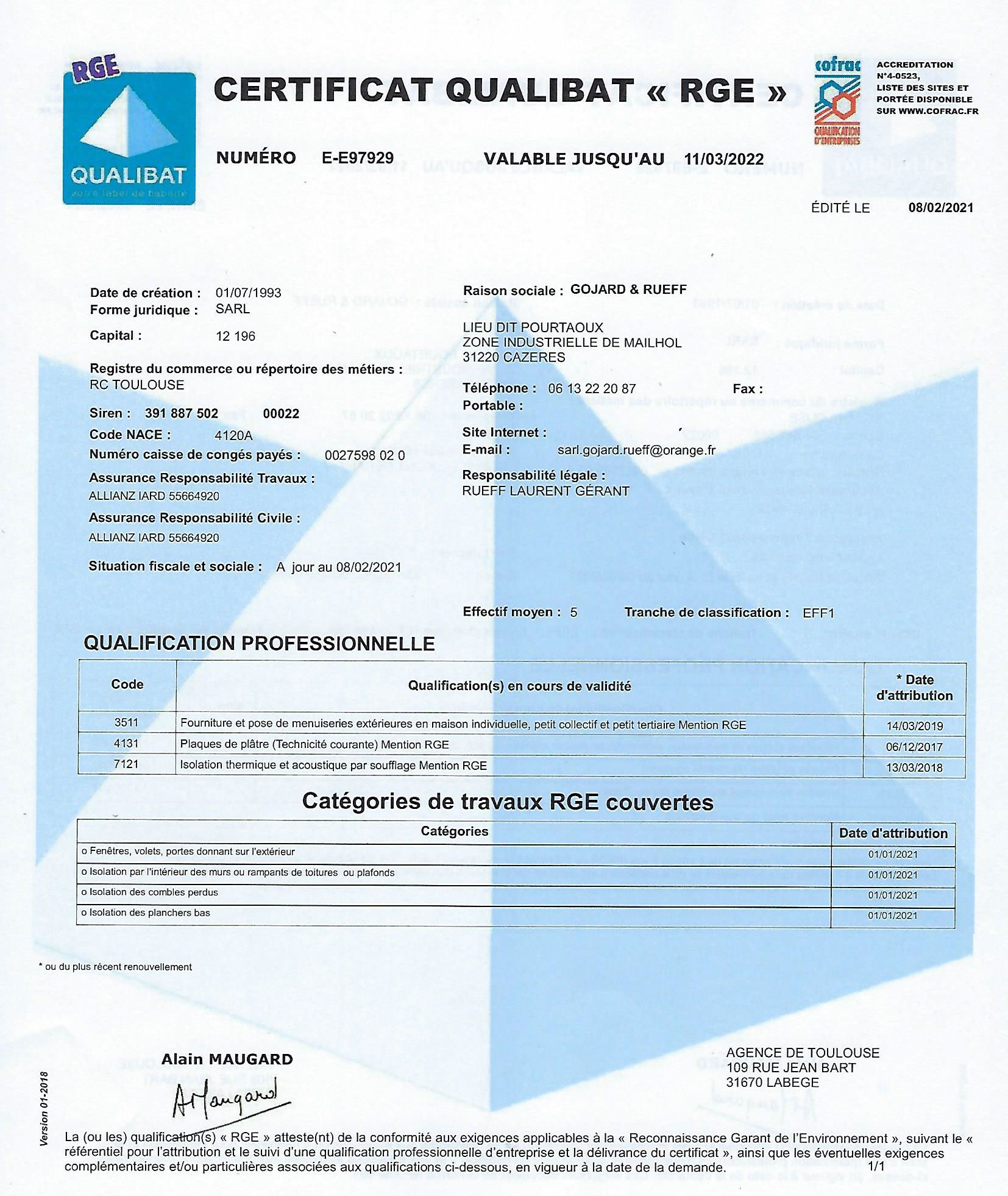 Certificat Qualibat 4131,7121,3511 Renovation Cazeres 2022-2023
