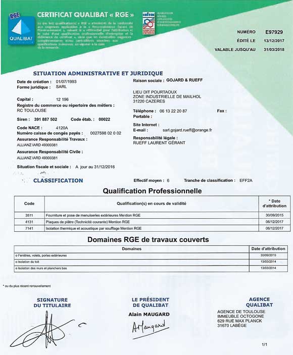 Certificat Qualibat 2014 Renovation Cazeres
